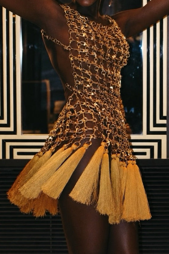 Open Back Chain Link Tassel Fringe Mini Dress
