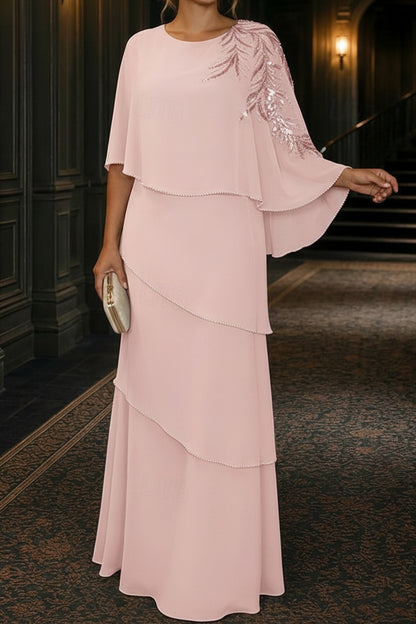 Tiered Capelet Evening Gown with Sequin Accent