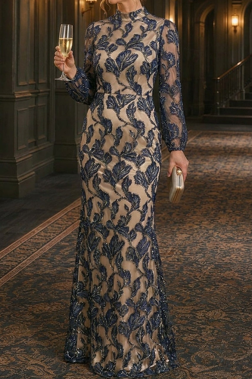 Embroidered High-Neck Long Sleeve Mermaid Gown