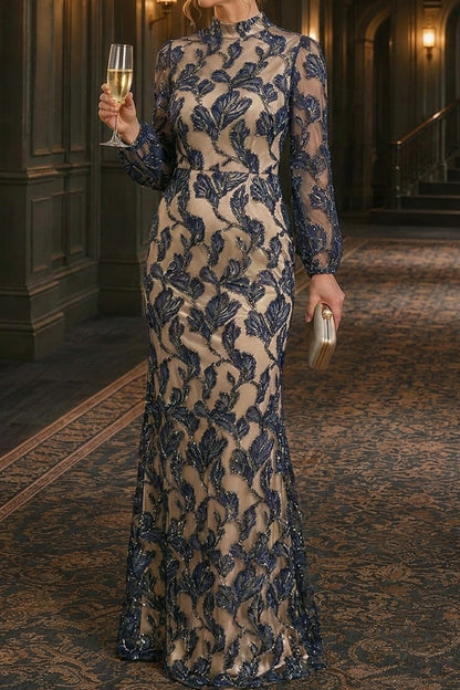 Embroidered High-Neck Long Sleeve Mermaid Gown