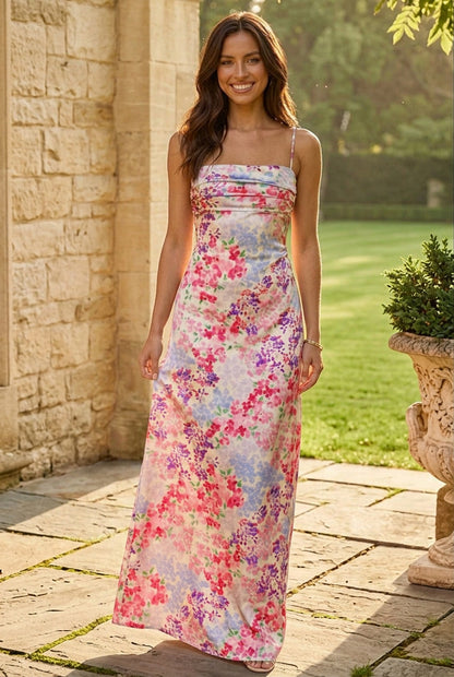 Floral Print Ruched Open Back Maxi Dress