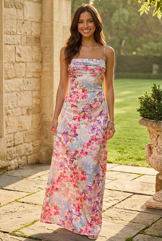Floral Print Ruched Open Back Maxi Dress