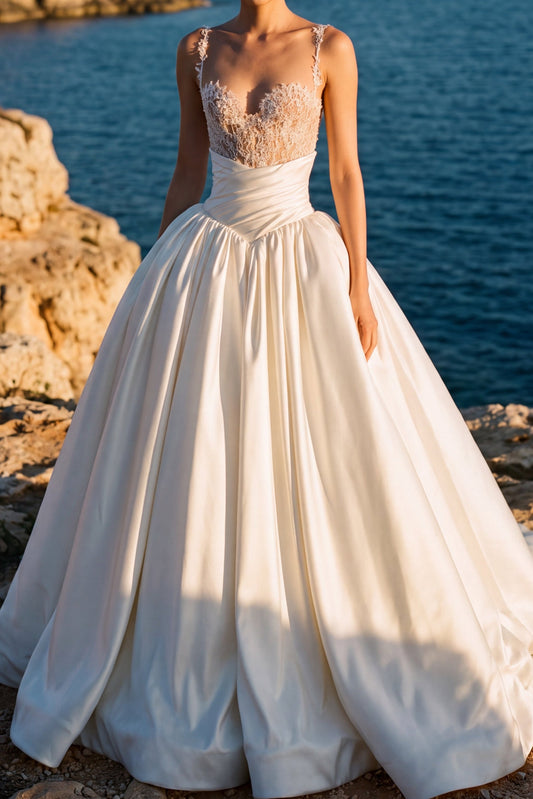 Lace Bodice Ball Gown Wedding Dress with Spaghetti Straps