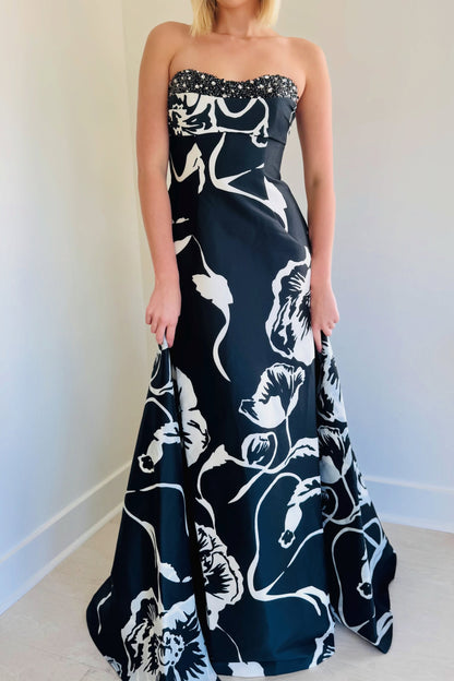 Strapless Floral Print Gown with Beaded Neckline