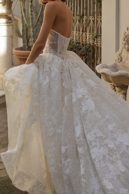 Strapless Sweetheart Lace Corset Ball Gown Wedding Dress