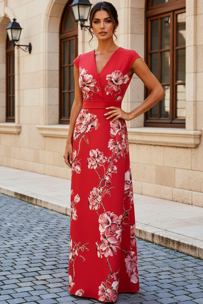 Floral Print A-Line Maxi Dress with Cap Sleeves