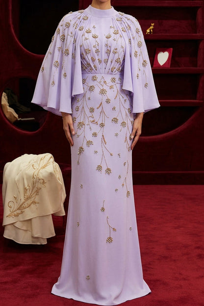High Neck Embellished Gown with Cape Sleeves