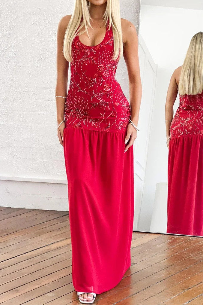 Embellished Halter Maxi Dress with Drop Waist