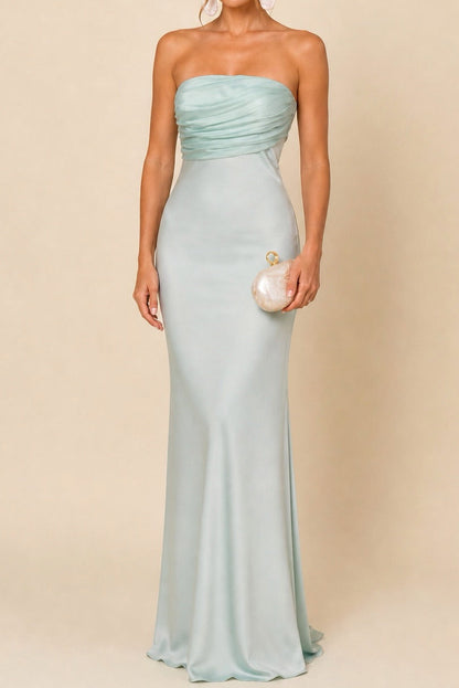 Strapless Satin Column Gown with Back Bow Detail