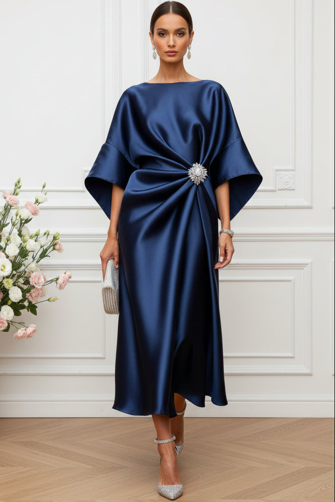 Elegant Draped Satin Midi Dress with Brooch