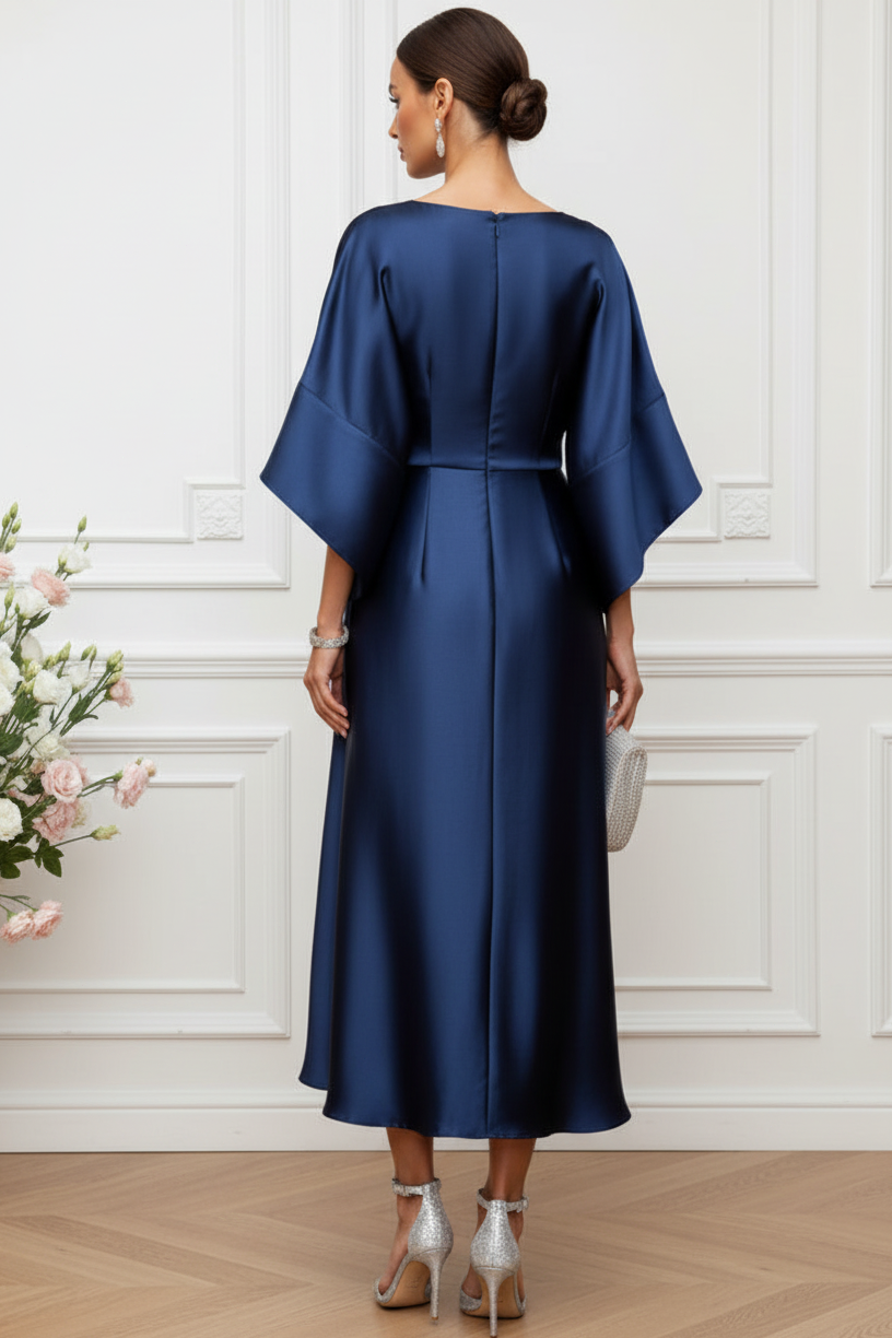 Elegant Draped Satin Midi Dress with Brooch