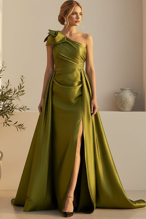 One-Shoulder Satin Evening Gown with Slit