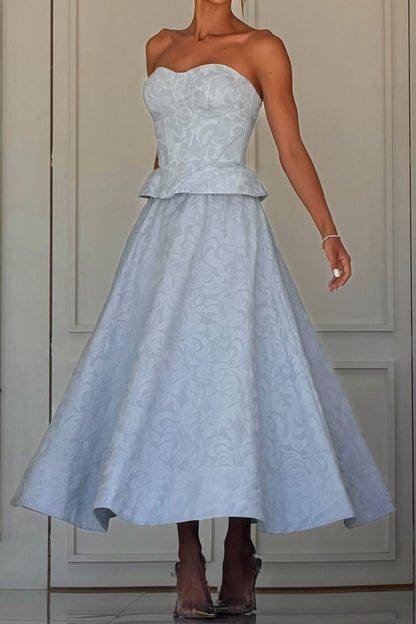 Strapless Jacquard Peplum Midi Dress