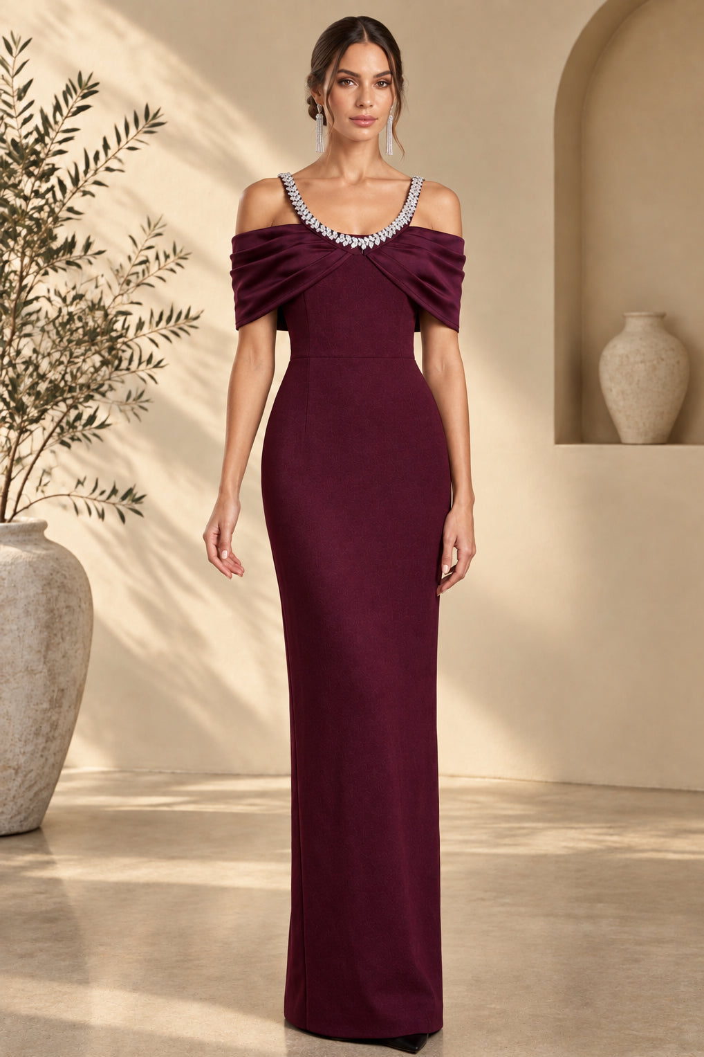 Embellished Strap Cold-Shoulder Evening Gown