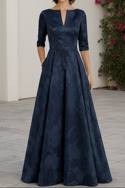 Floral Jacquard A-Line Evening Gown with Tie-Waist Belt