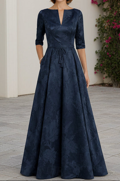 Floral Jacquard A-Line Evening Gown with Tie-Waist Belt