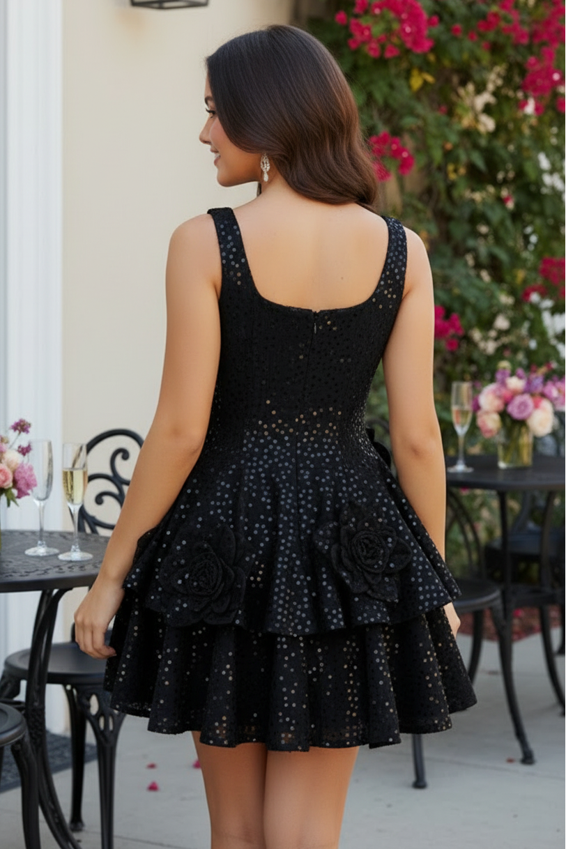 Sequin Tiered Mini Dress with 3D Rosettes