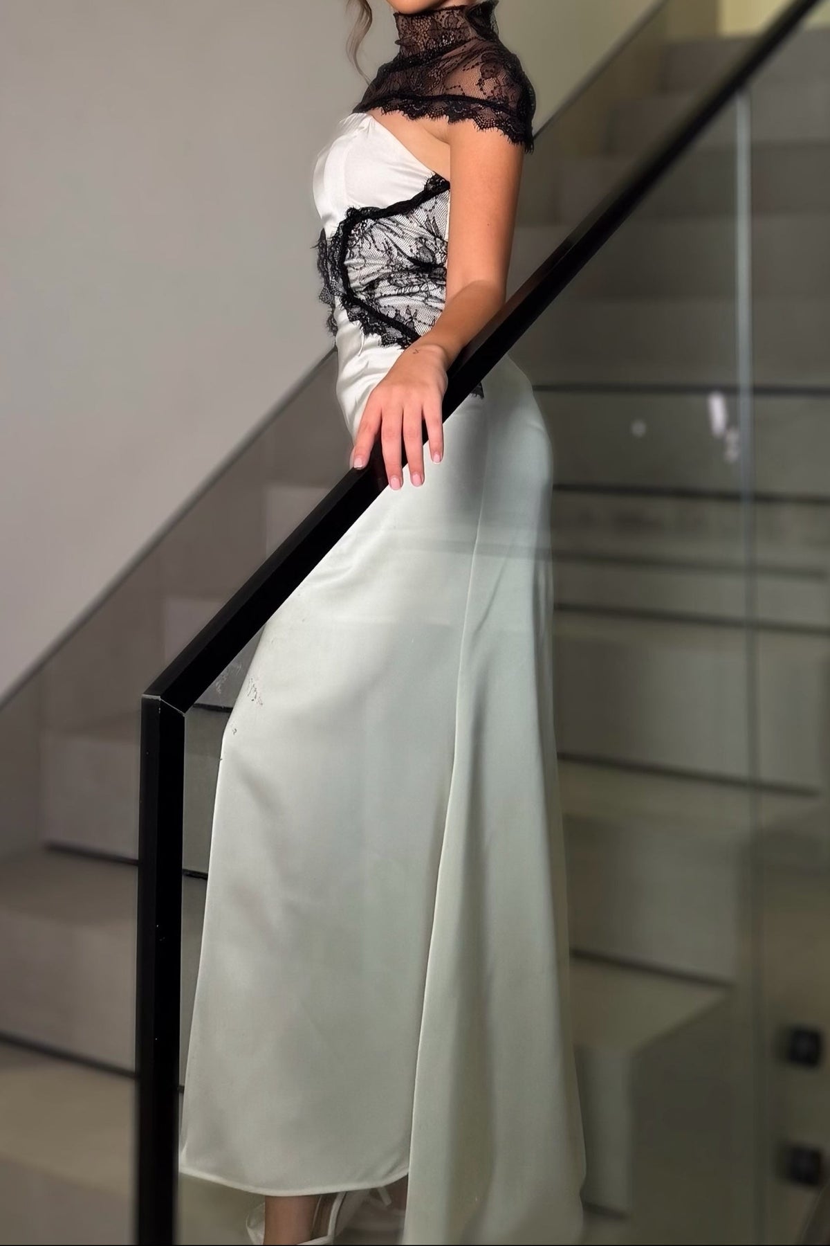 Lace Capelet Column Gown with Contrast Bodice