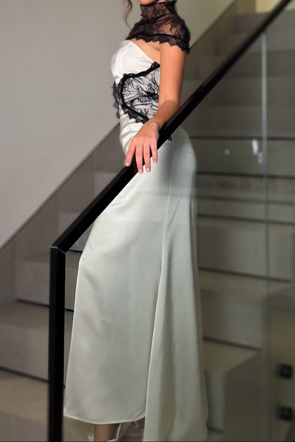 Lace Capelet Column Gown with Contrast Bodice
