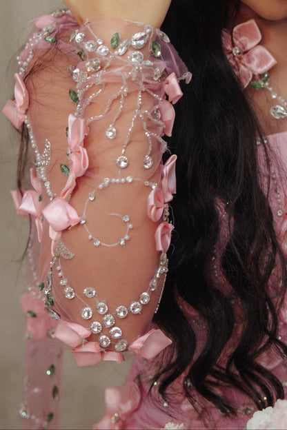 3D Floral Sheer Long Sleeve Floor-Length Gown