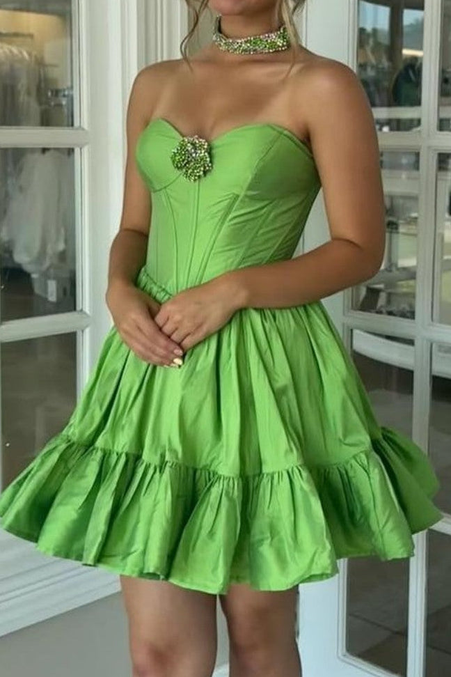 Strapless Corset Taffeta Mini Dress with Ruffled Skirt
