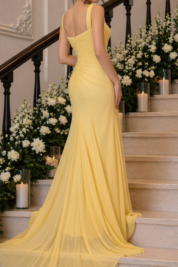 Square Neck Pleated Chiffon Evening Gown
