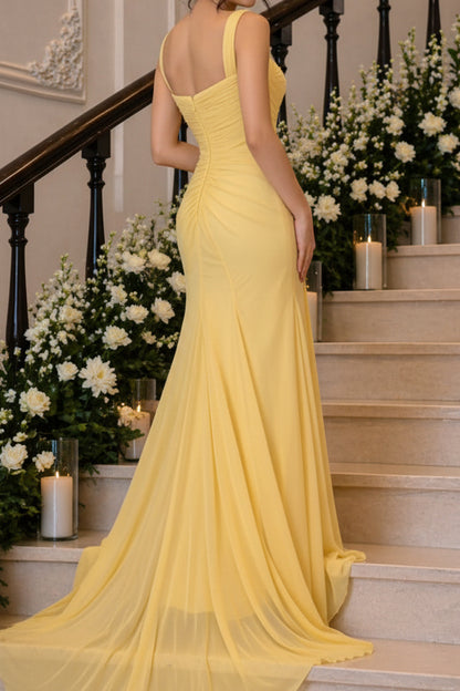 Square Neck Pleated Chiffon Evening Gown
