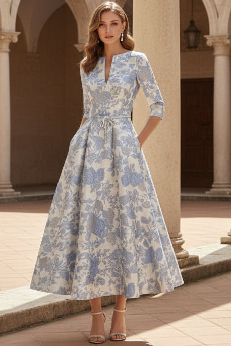 Elegant Floral Jacquard A-Line Midi Dress