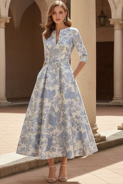 Elegant Floral Jacquard A-Line Midi Dress