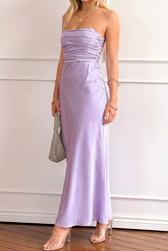 Strapless Ruched Bodice Satin Maxi Dress