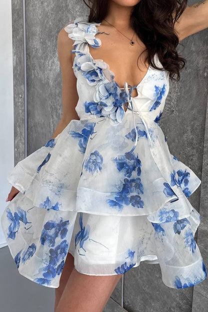 Tiered Floral Organza Mini Dress with 3D Flowers