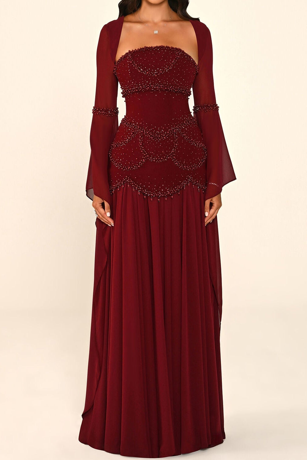 Beaded Drop-Waist Gown with Draped Sleeves