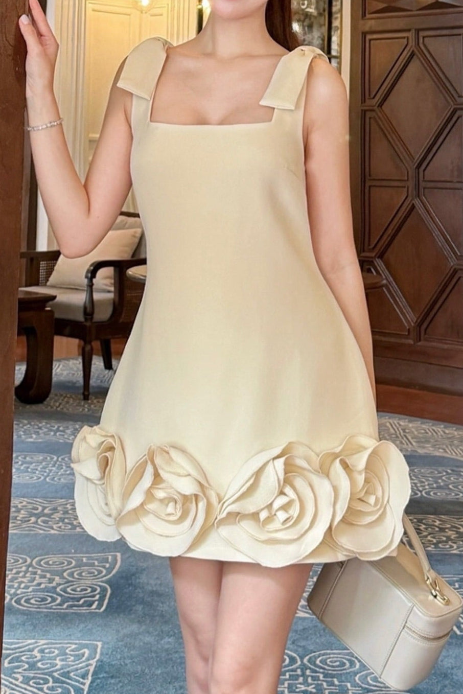 Square Neck A-Line Mini Dress with 3D Flower Hem
