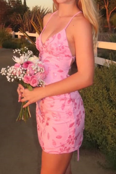 Sequin Floral Mesh Backless Mini Slip Dress