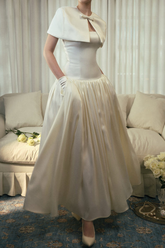 Corset Satin Tea-Length Gown with Capelet