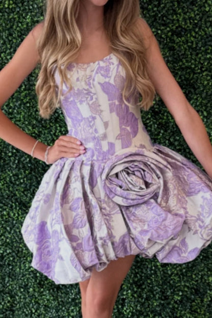 Strapless Jacquard Corset Bubble Dress with 3D Flower