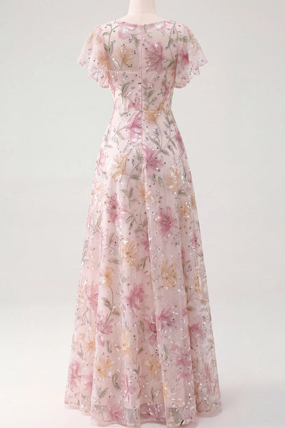 Floral Embroidered A-Line Gown with Flutter Sleeves