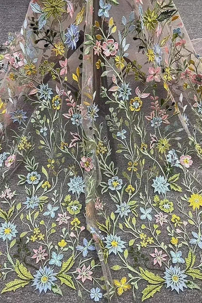 Embroidered Floral Midi Dress with Chiffon Cape