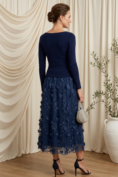 Off-the-Shoulder 3D Floral Applique Midi Dress