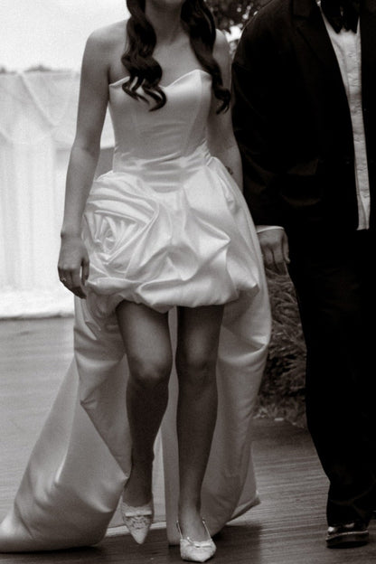 Strapless High-Low Floral Rosette Wedding Dress