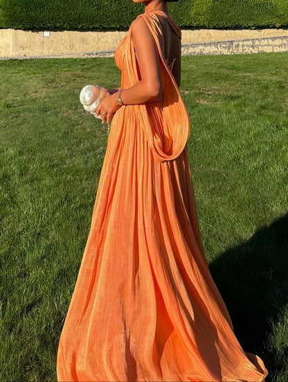 Pleated One-Shoulder Evening Gown with Drape