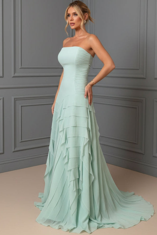 Strapless Ruched Tiered Ruffle Gown