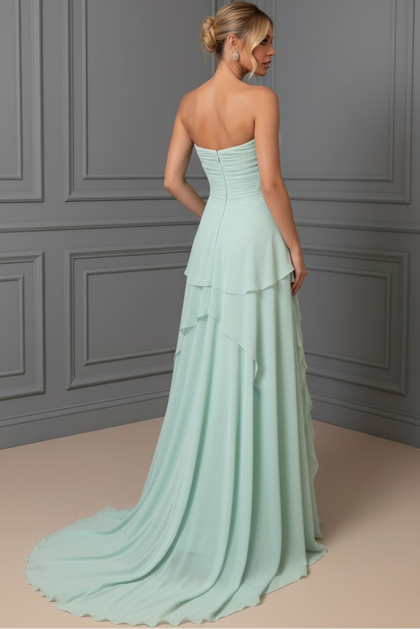 Strapless Ruched Tiered Ruffle Gown