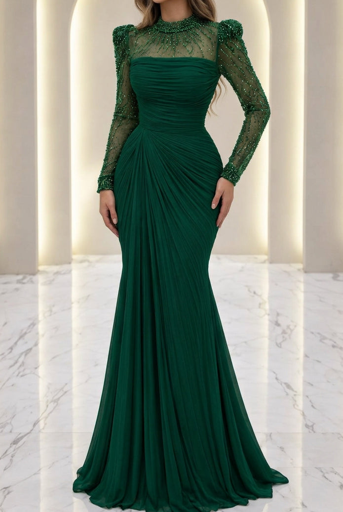 Ruched Long Sleeve Evening Dress with Beaded Illusion Neck