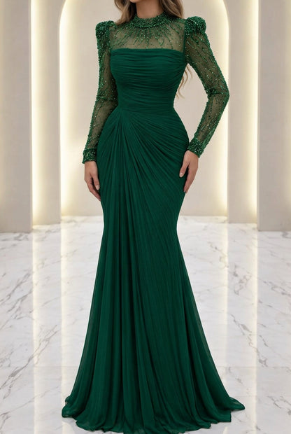 Ruched Long Sleeve Evening Dress with Beaded Illusion Neck