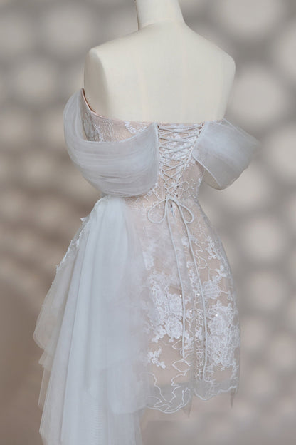 Lace Off-the-Shoulder Mini Dress with Side Train