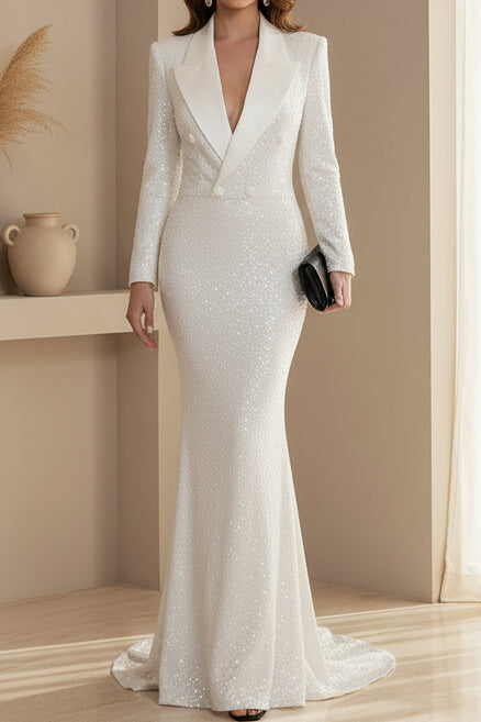 Sequin Blazer Style Long Sleeve Mermaid Evening Gown