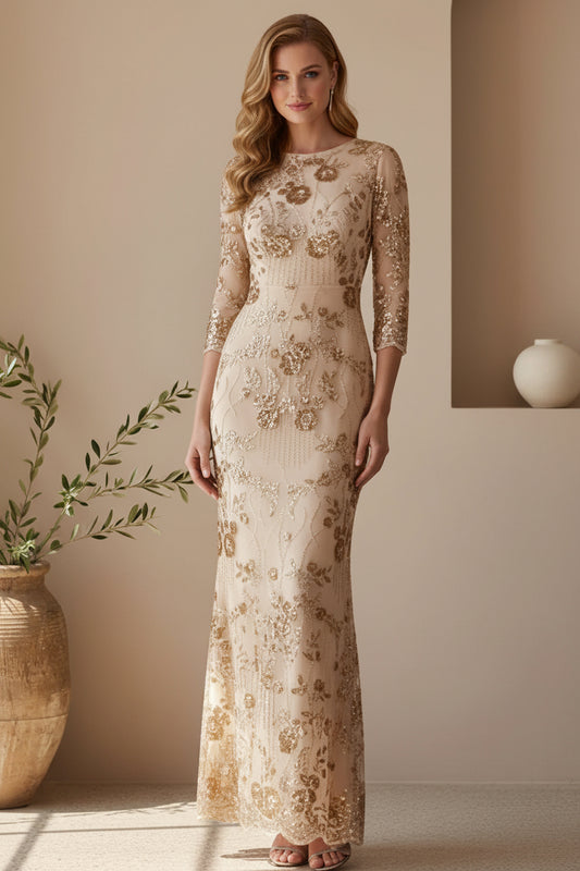 Elegant Beaded Sheath Evening Gown with 3/4 Sleeves
