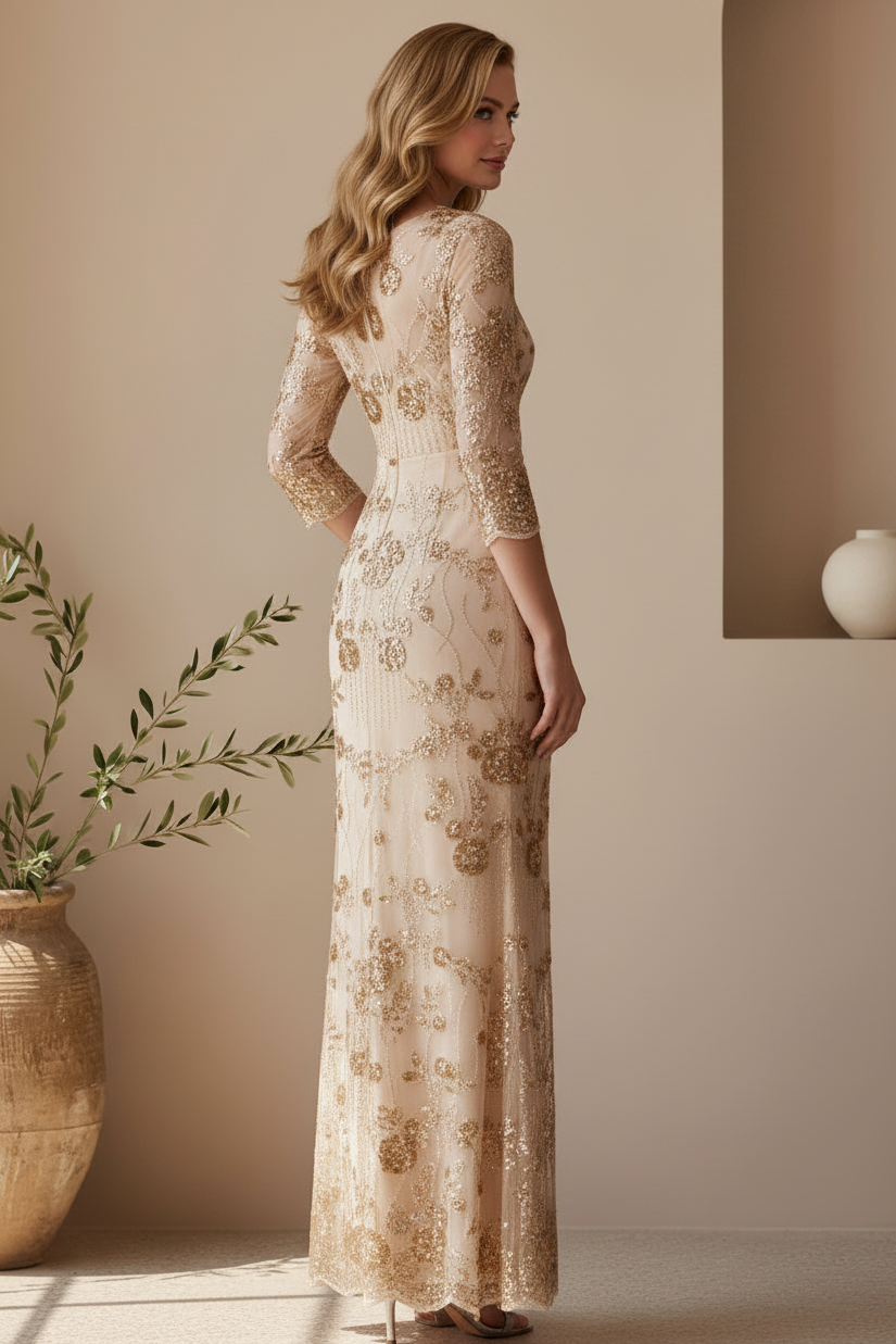 Elegant Beaded Sheath Evening Gown with 3/4 Sleeves