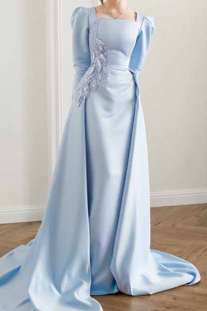 Square Neck Satin Evening Gown with Overskirt